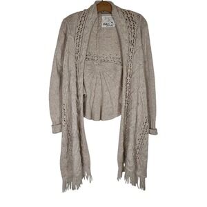 Thistle & Lavender Knit Cardigan Open Front Fringe Wool Sweater Beige M BOHO
